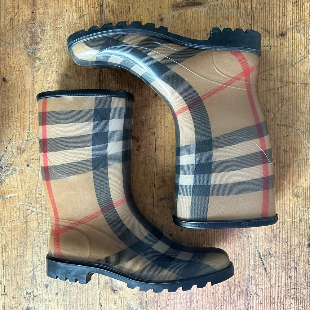 Burberry Rubber Rain Boots Tan Check Plaid Mid Calf Size EU 41 Women's US 10 - Picture 3 of 9
